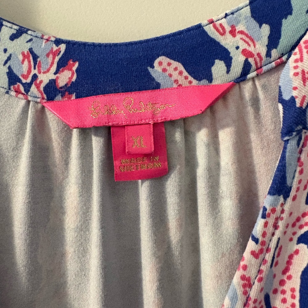 Lilly Pulitzer Blue Long Sleeve V-Neck Floral Shift Dress - Picture 3 of 5
